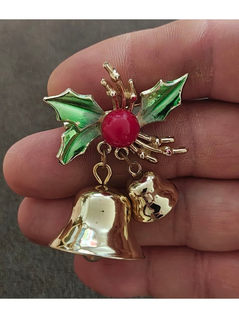 1980s Christmas Holly & Jingle Bells Gold Tone Enamel Brooch Pin
